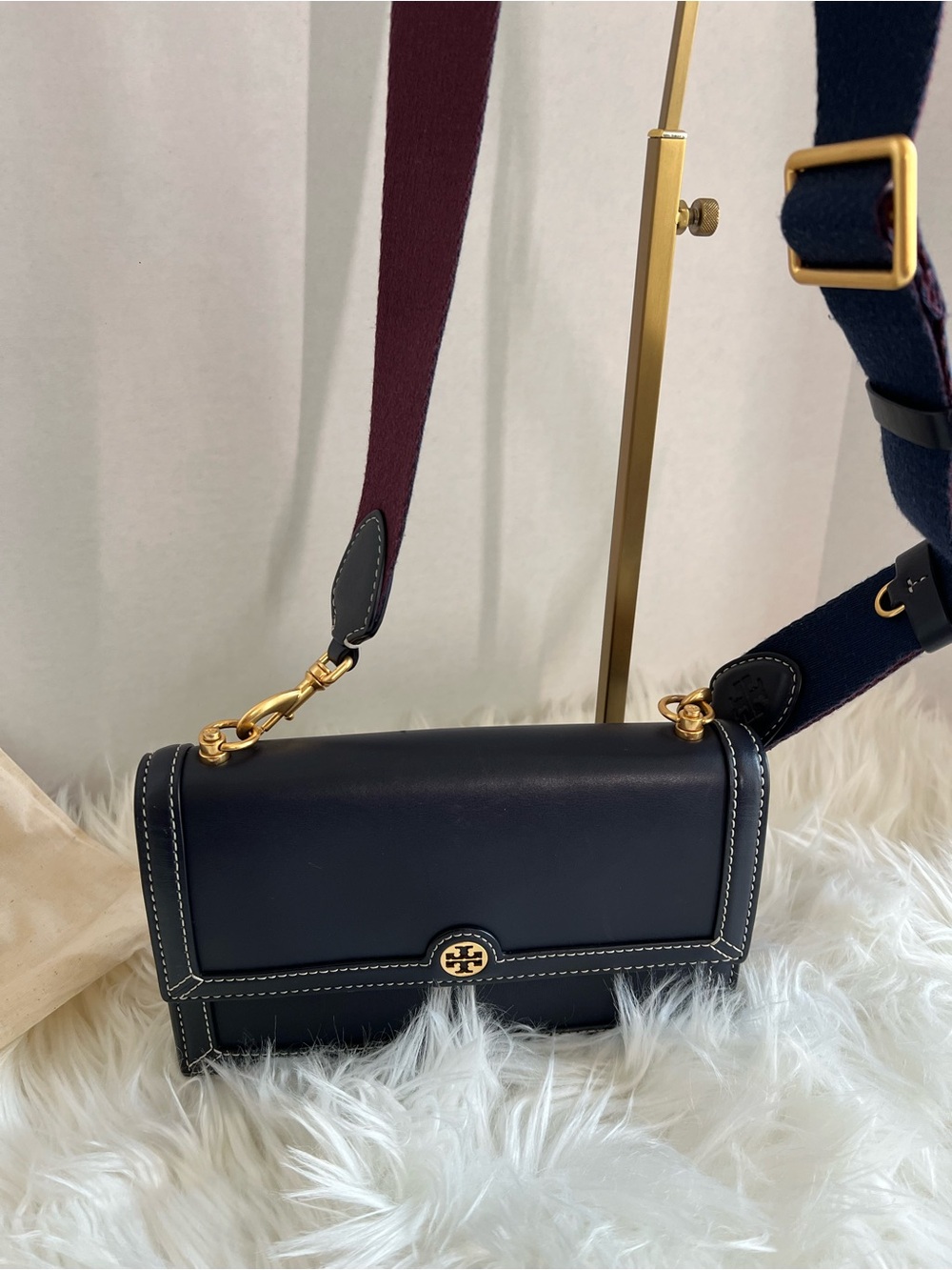 Tory Burch Navy T-Mono Leather Crossbody with Gold Hardware and Burgundy Strap